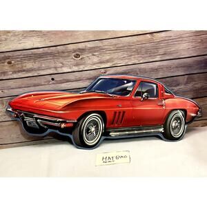 1960’s Red Corvette Car Metal Sign Open Road Brands Garage Decor Hanging 22x 8.5